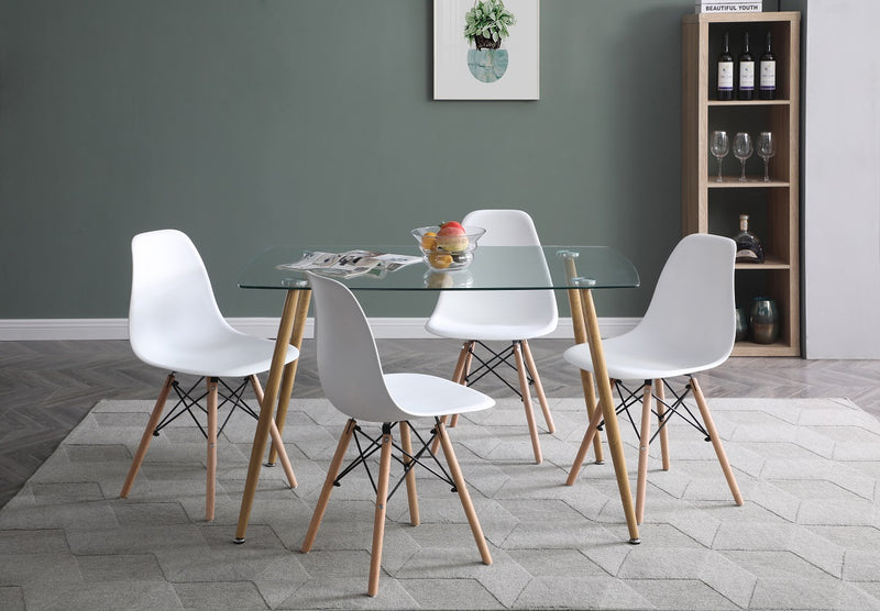 Mesa de comedor de cristal templado con 4 sillas Sarpsborg - Blanco y natural