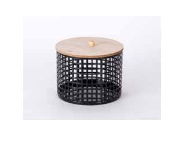Contenedor Negro De Metal Con Tapa Madera