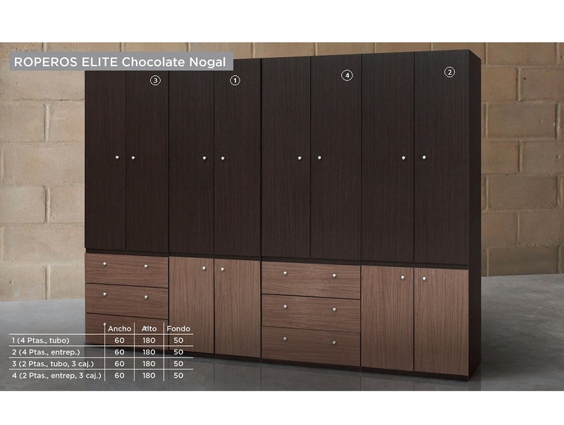 Ropero Modelo Elite 4 (2 Puertas con Entrepaños y 3 Cajones) - Chocolate con Nogal