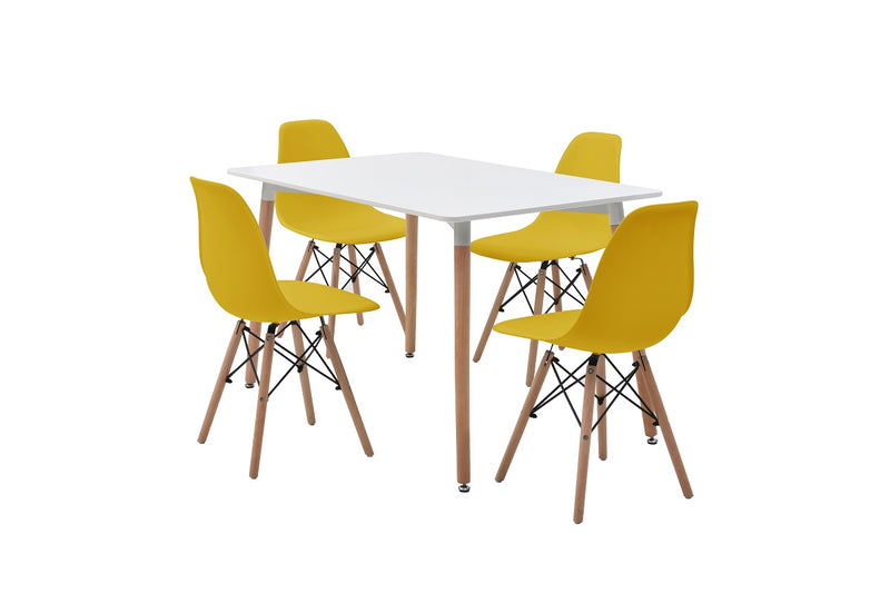 Mesa de comedor rectangular con 4 sillas Skiptvet - Blanco y amarillo