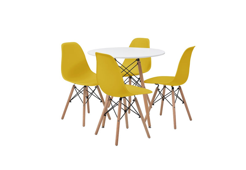 Mesa de comedor redonda con 4 sillas Sorum - Blanco y amarillo
