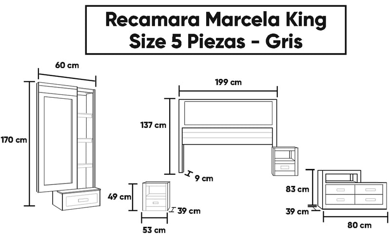 Recamara Marcela King Size 5 Piezas  - Gris